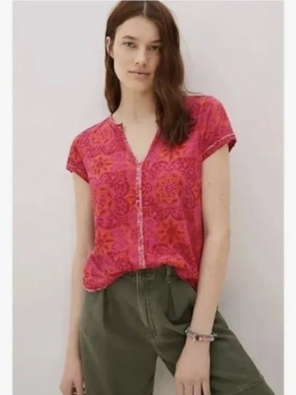 Anthropologie Pink and Orange Medallion V-Neck Short Sleeve Top